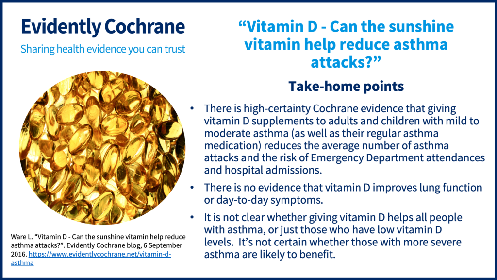 There is high-certainty Cochrane evidence that giving vitamin D supplements to adults and children with mild to moderate asthma (as well as their regular asthma medication) reduces the average number of asthma attacks and the risk of Emergency Department attendances and hospital admissions. There is no evidence that vitamin D improves lung function or day-to-day symptoms. It is not clear whether giving vitamin D helps all people with asthma, or just those who have low vitamin D levels.  It’s not certain whether those with more severe asthma are likely to benefit. 