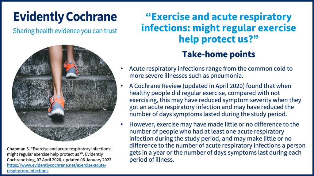Acute respiratory infections range from the common cold to more severe illnesses such as pneumonia. A Cochrane Review (updated in April 2020) found that when healthy people did regular exercise, compared with not exercising, this may have reduced symptom severity when they got an acute respiratory infection and may have reduced the number of days symptoms lasted during the study period. However, exercise may have made little or no difference to the number of people who had at least one acute respiratory infection during the study period, and may make little or no difference to the number of acute respiratory infections a person gets in a year or the number of days symptoms last during each period of illness.