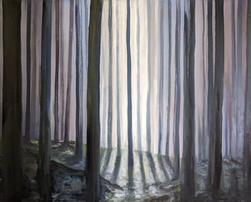 A painting of a darkened forest, with a chink of light shining through