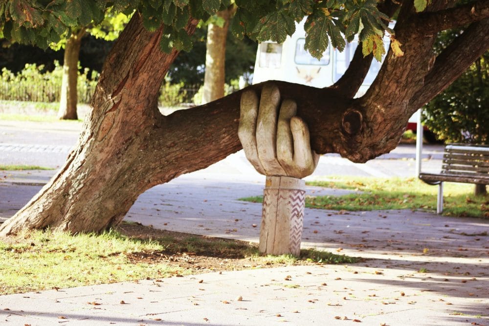 wooden hand holding up a tree