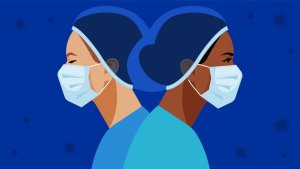 female health workers, nursing, standing back to back wearing masks