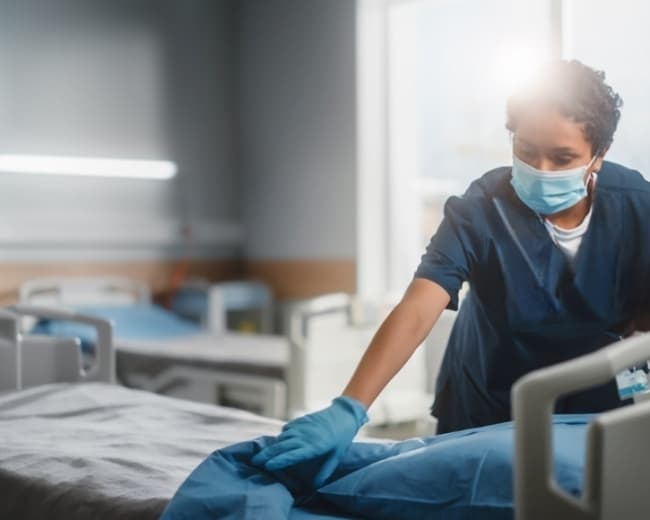 Nurse dressing a hospital bed